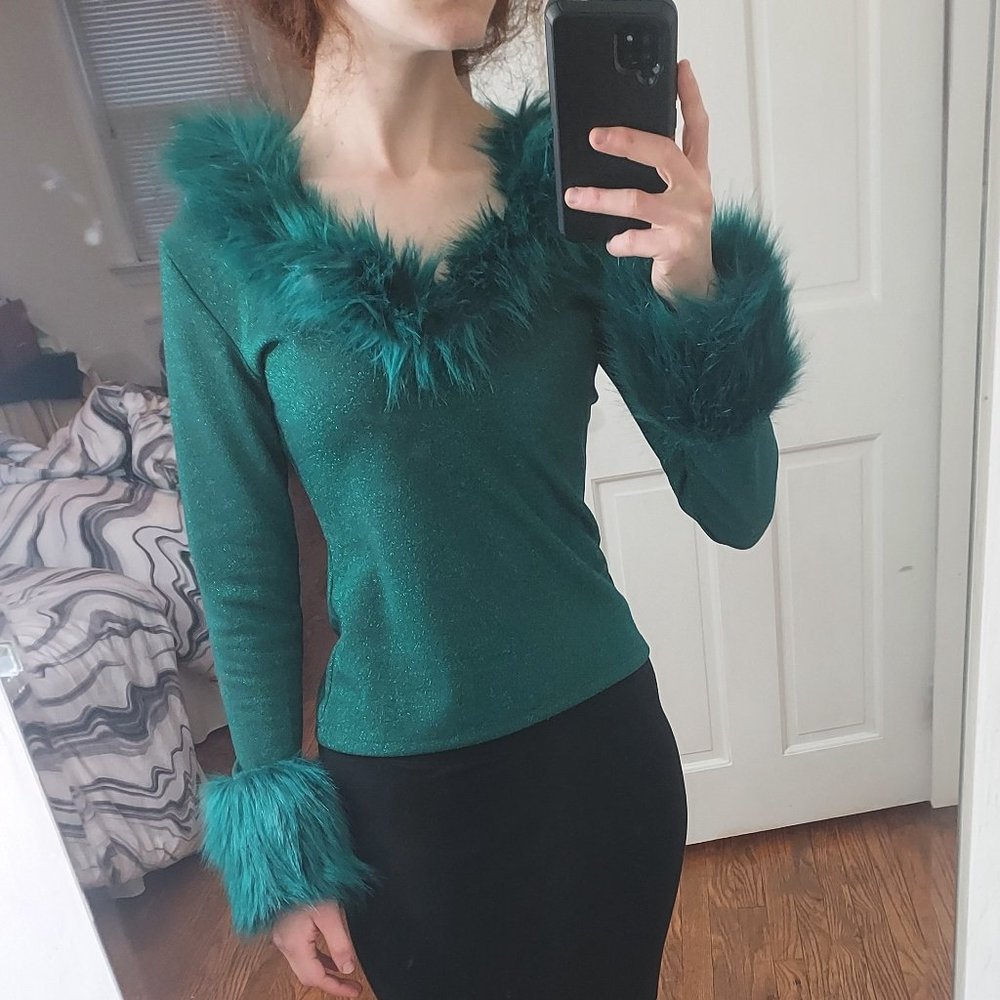 UTERQUE Green Sparkle Fur Long Sleeve Top